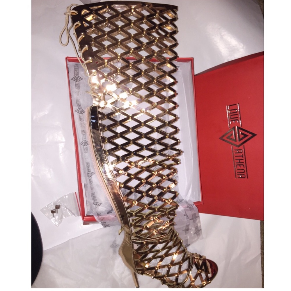 Women’s thigh high caged gladiator metallic sandal